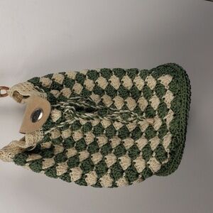 Cute Handwoven Green & Cream Crochet Bucket Bag